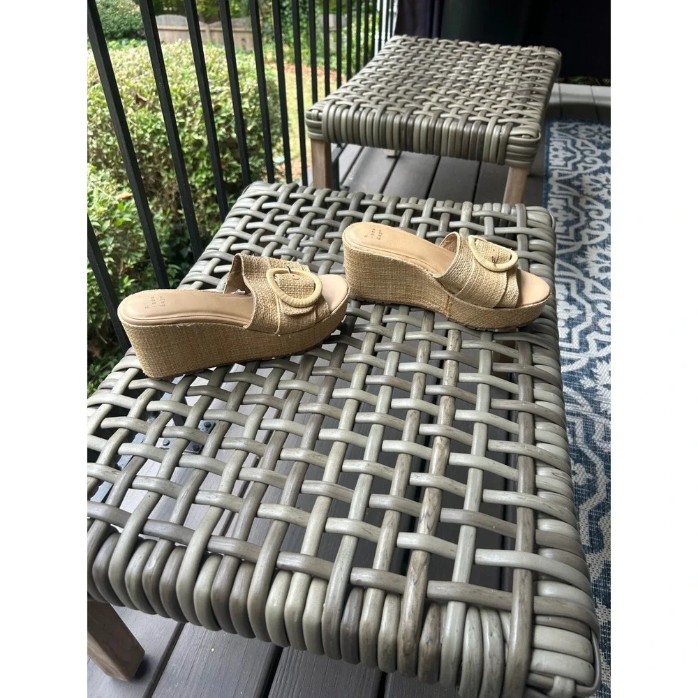 A New Day Women's Beige Woven Wedge Sandals Espadrille Buckle Slide‎ Size 7.5
